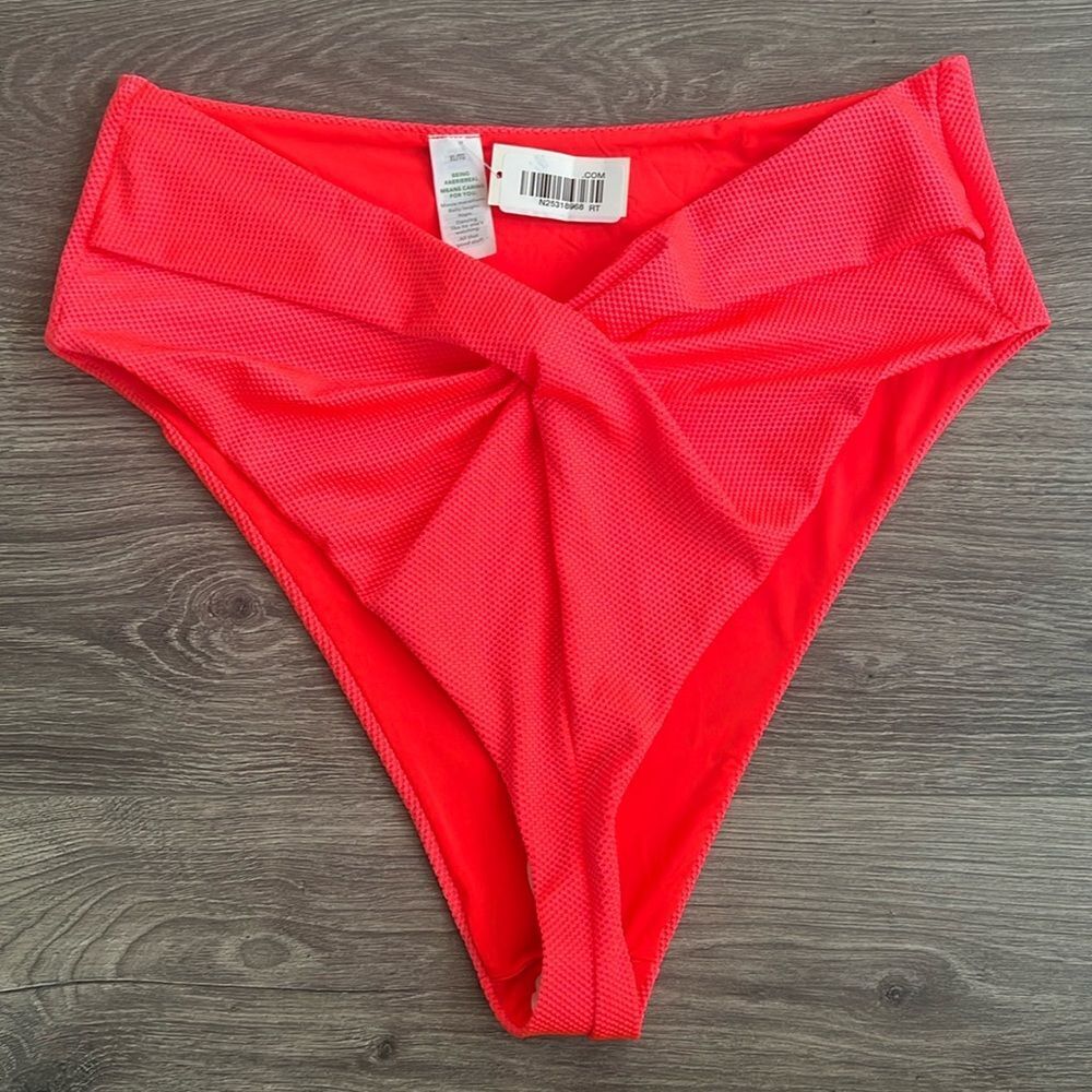 NWT AERIE Twist Front Pique High Cut Cheeky Bikini Bottom Neon Red Orange Sz. XL